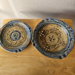 Handmade Ceramic Decorative Bowl And Plate Blue And Tan Glaze Pottery